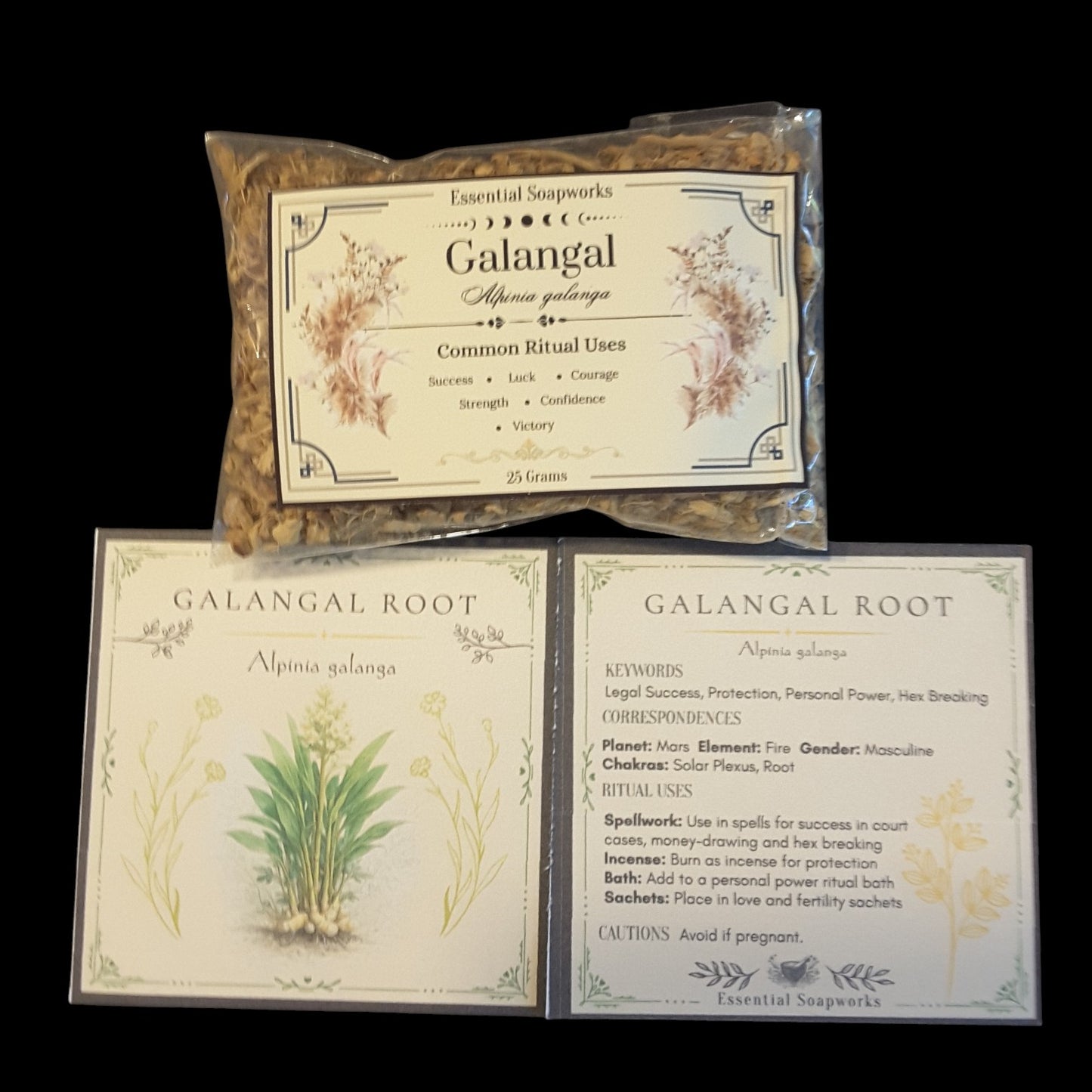 A bag of Galangal root with printed labels, shown above two matching printed cards on a black background. The packaging and cards feature cream labels with botanical illustrations and text for Galangal Root'.