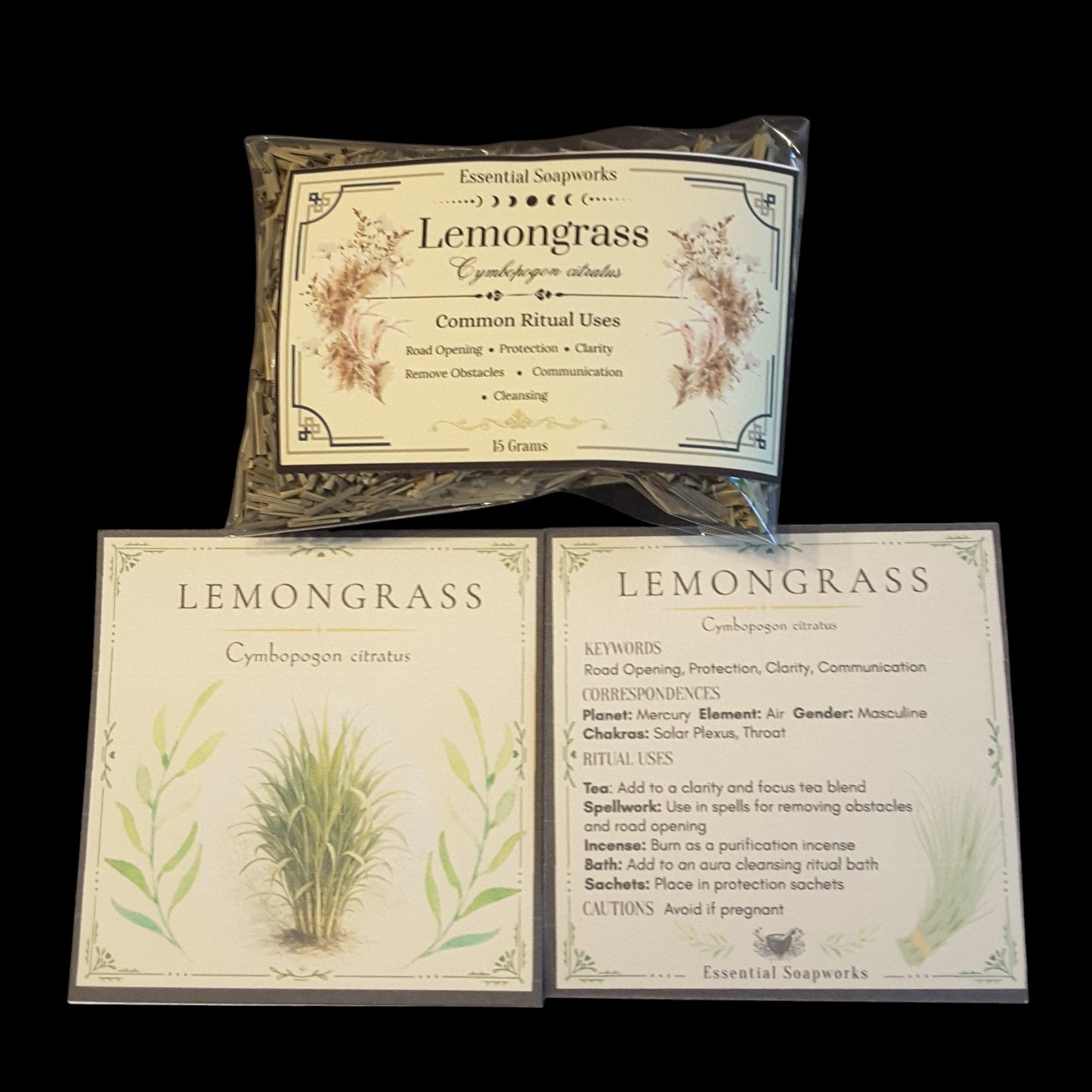 Two square cards and one wrapped package for Lemongrass displayed on a black background. The cards show botanical illustrations and text including keywords, correspondents, chakras, and ritual use.