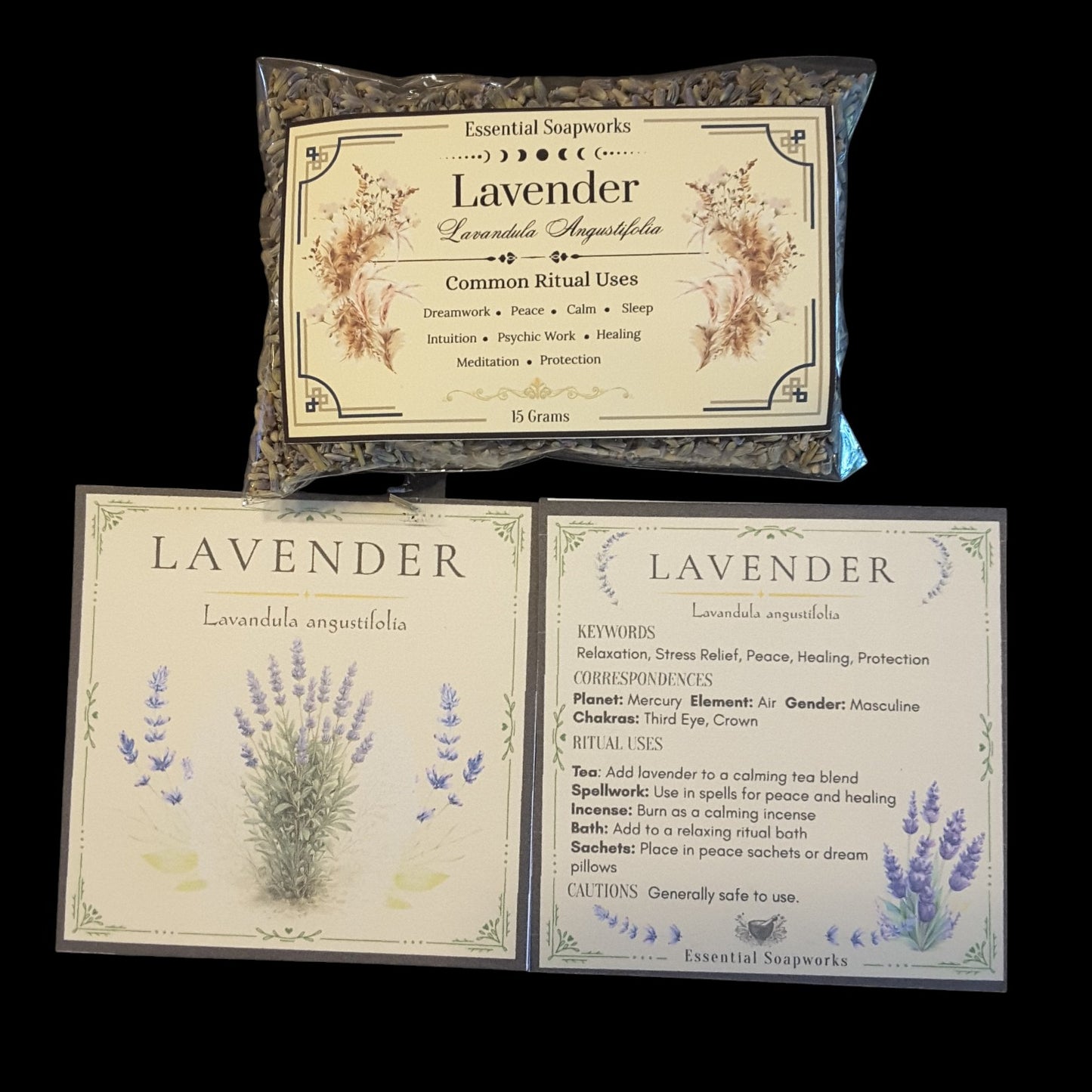 A package of lavender shown above two printed cards with lavender illustrations and text about lavender, all on a black background.