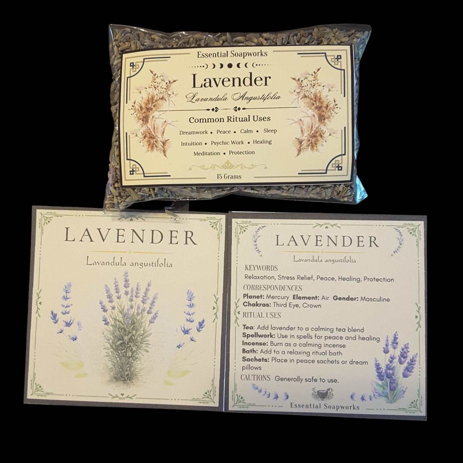 A package of lavender shown above two printed cards with lavender illustrations and text about lavender, all on a black background.