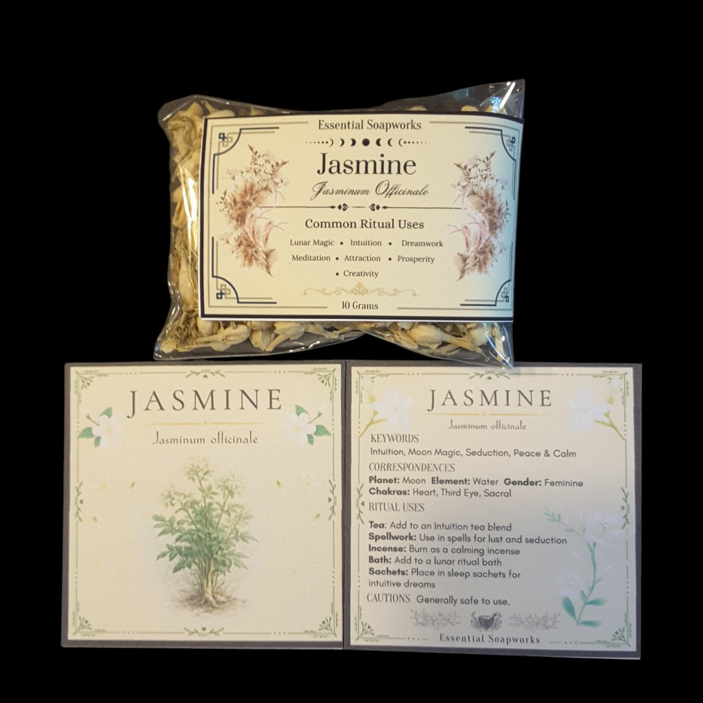 An essential oil product set from Essential Soapsworks featuring a clear plastic bag of Jasmine Premium Offshore (10 grams) and two printed cards displaying the front and back of the label design, all set against a solid black background.