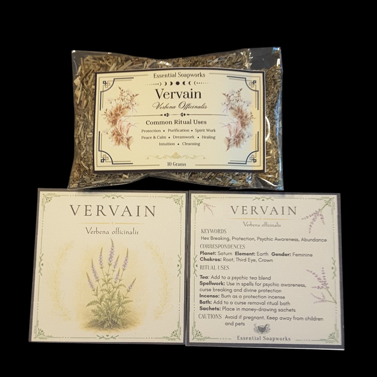Vervain herb shown with a clear plastic bag containing dried green and tan botanicals, a cream-colored product label card, and an informational insert card detailing properties and usage, all set against a solid black background.