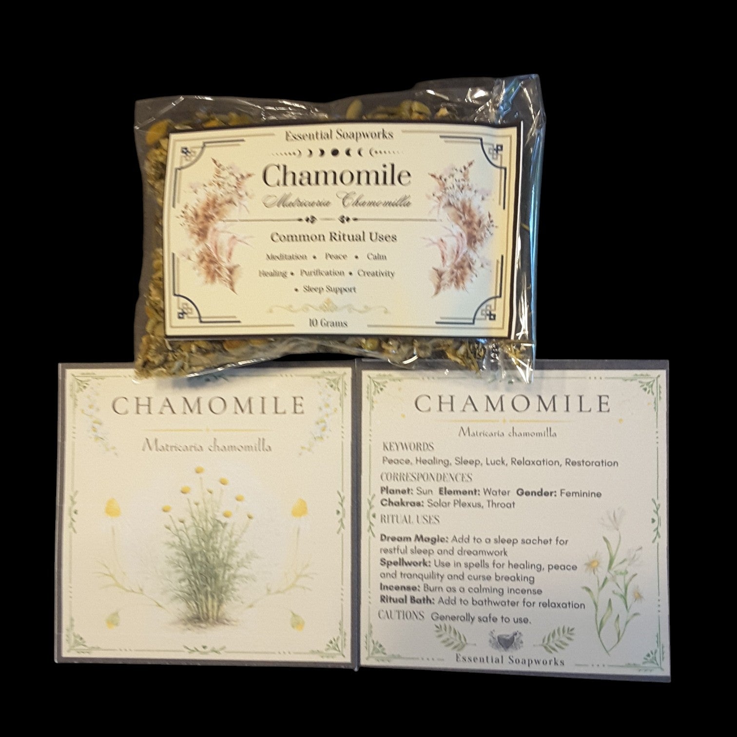 a package of chamomile flowers alongside an information card featuring botanical illustrations and common ritual uses