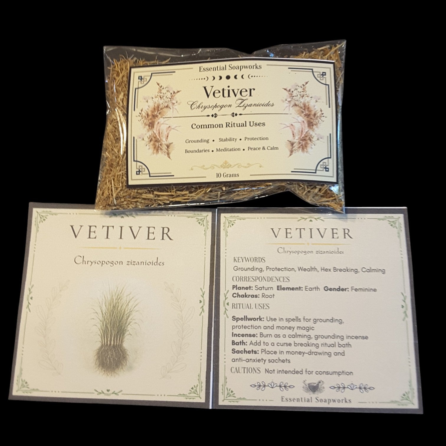 Three product components for Vetiver are displayed on a solid black background: a sealed bag of dried vetiver roots, an illustrated product label card, and an informational card detailing spiritual and herbal uses.