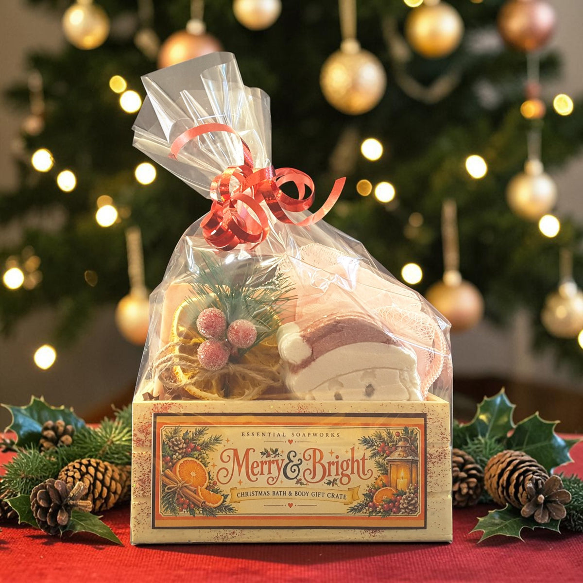 cranberry orange spa gift set featuring cranberry orange soap, santa shaped bath bomb, bamboo soap ladder and loofah gift wrapped in a wooden crate on a red fabric surface with a christmas tree in the background