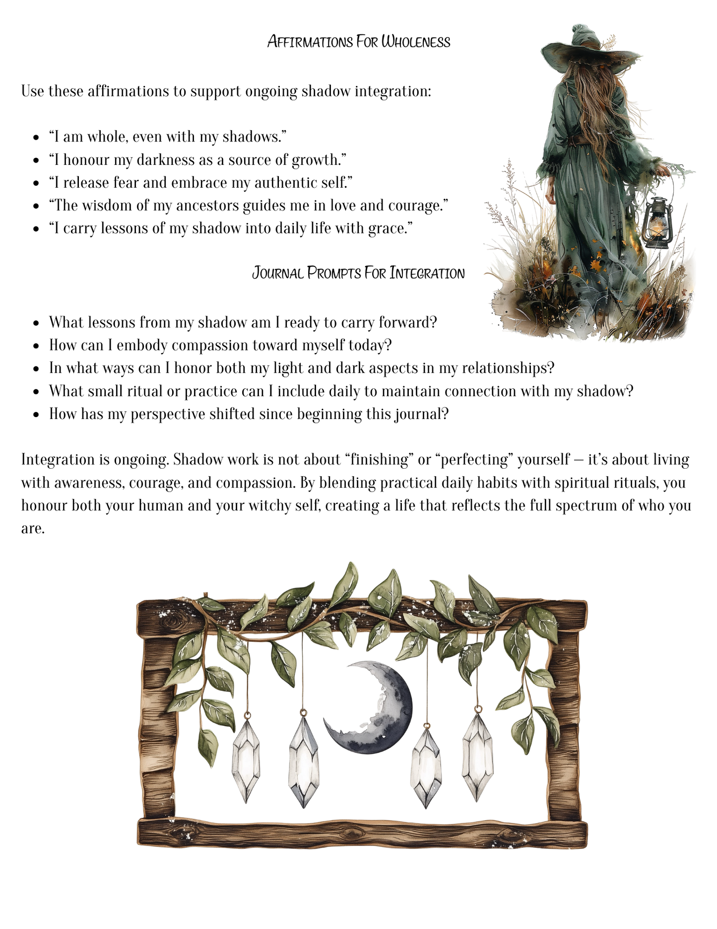 Sheet with affirmations for shadow integration, journal prompts, and a witchy-themed illustration on a white background.