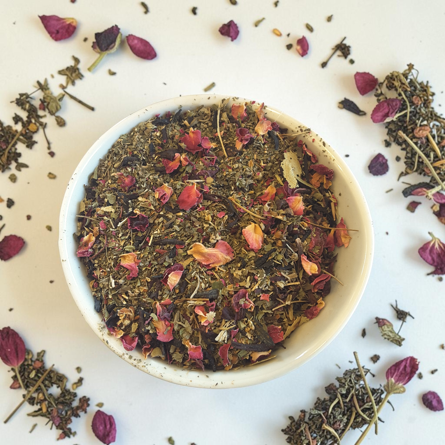 Loose leaf Mystic ritual tea in a bowl on a white background