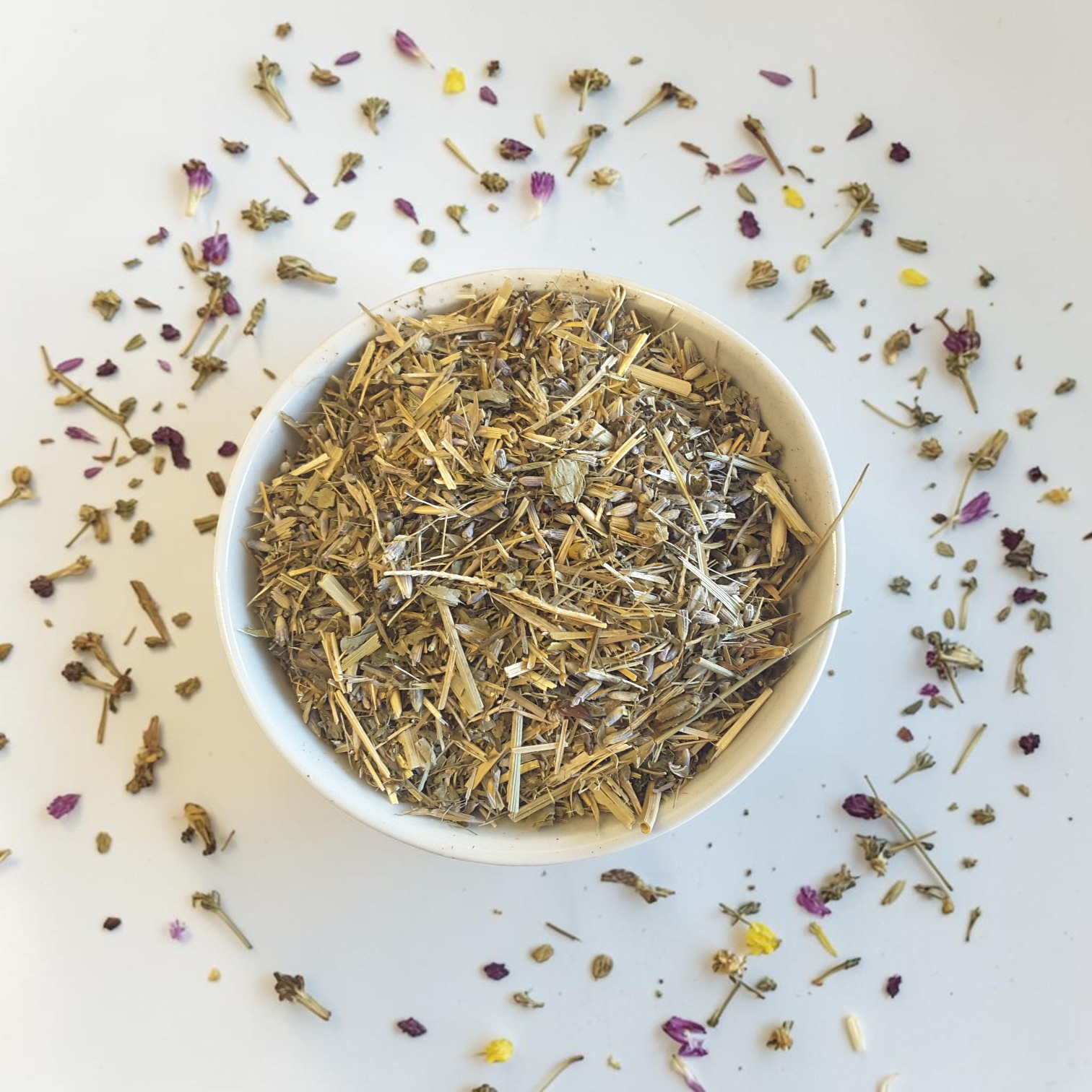 Loose leaf Quiet Mind tea blend on a light background