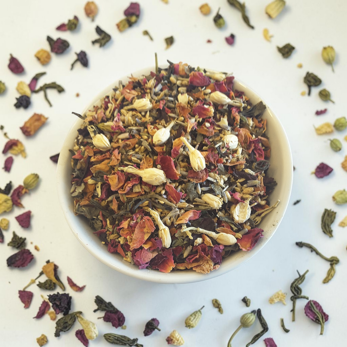 Moon magic tea blend in a white bowl on a light background