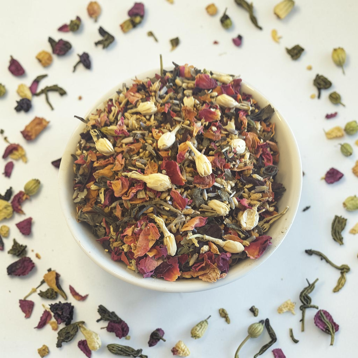Moon magic tea blend in a white bowl on a light background
