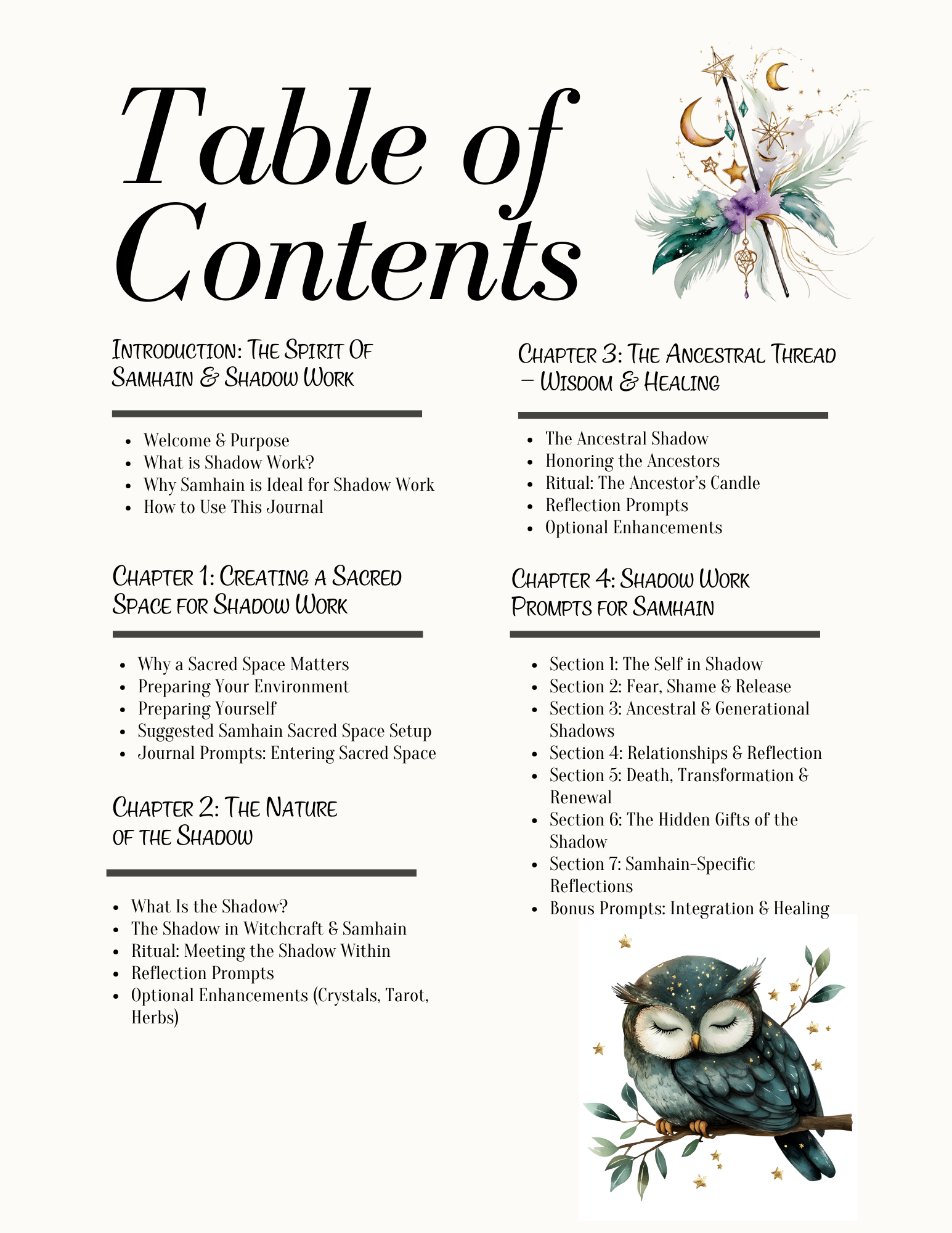 Table of contents for a book or journal on Samhain and Shadow Work with decorative elements.