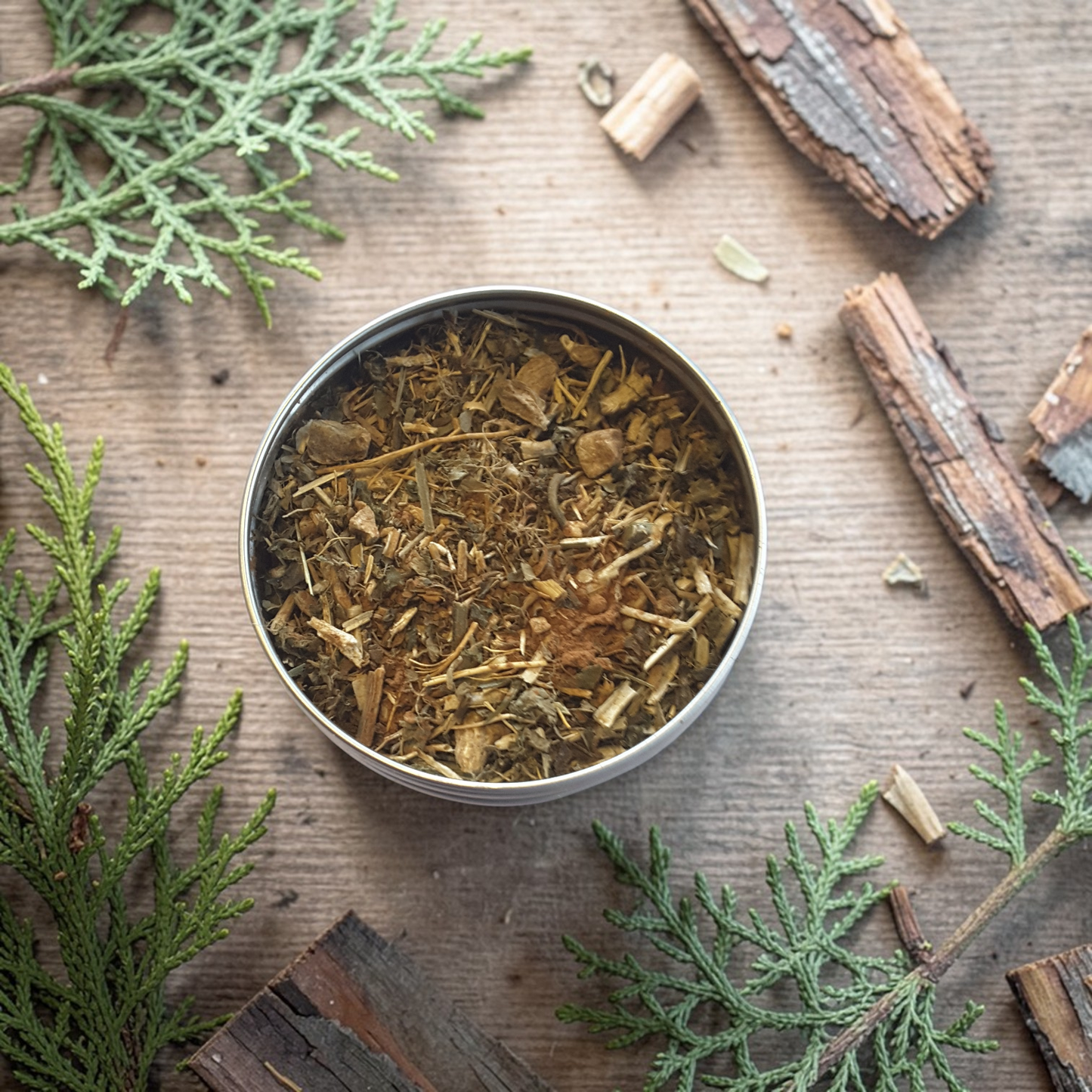 Metal tin filled with Grounding incense on a wooden surface with green leaves and wood pieces.