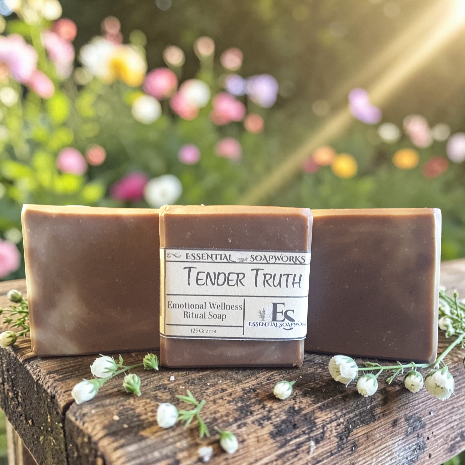 Tender Truth Emotional Wellness Soap on a wooden surface with flowers in the background