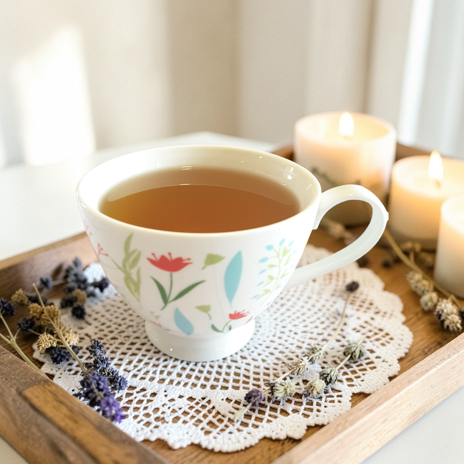 Steady Energy Emotional Wellness Tea on a wooden tray with candles and dried flowers.