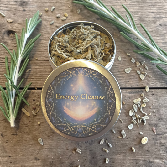 Energy Cleanse loose incense with herbs on a wooden surface