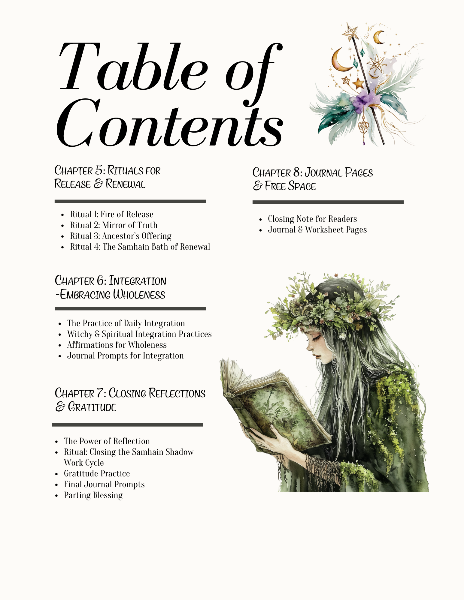 Table of Contents for a book on witchy self-care rituals and integration with an illustration of a person in nature-themed attire.