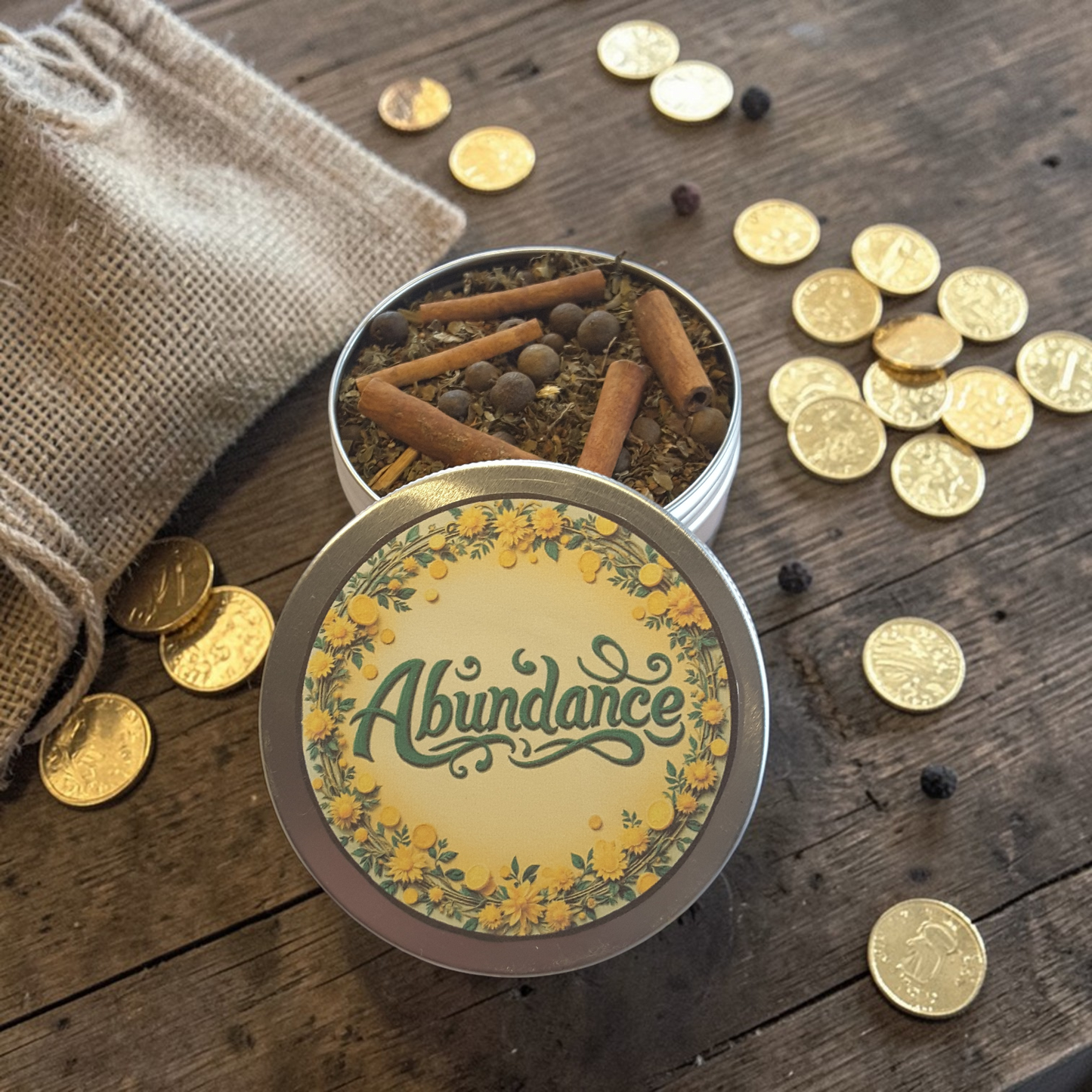 Abundance loose incense with cinnamon sticks, gold coins, and burlap sack on a wooden surface.