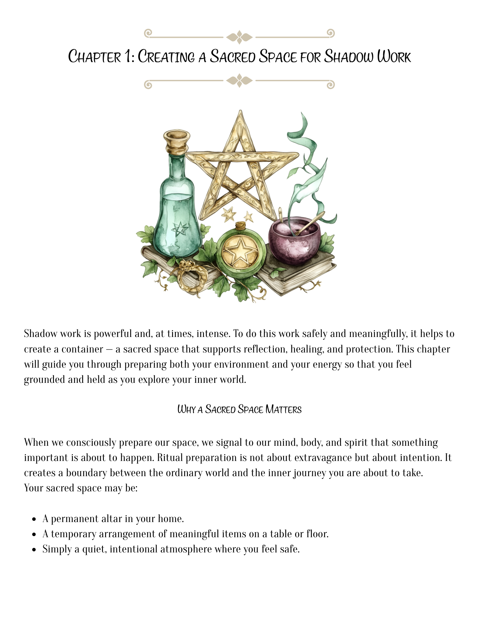 Page from a guide on creating a sacred space for shadow work with illustrations and text.