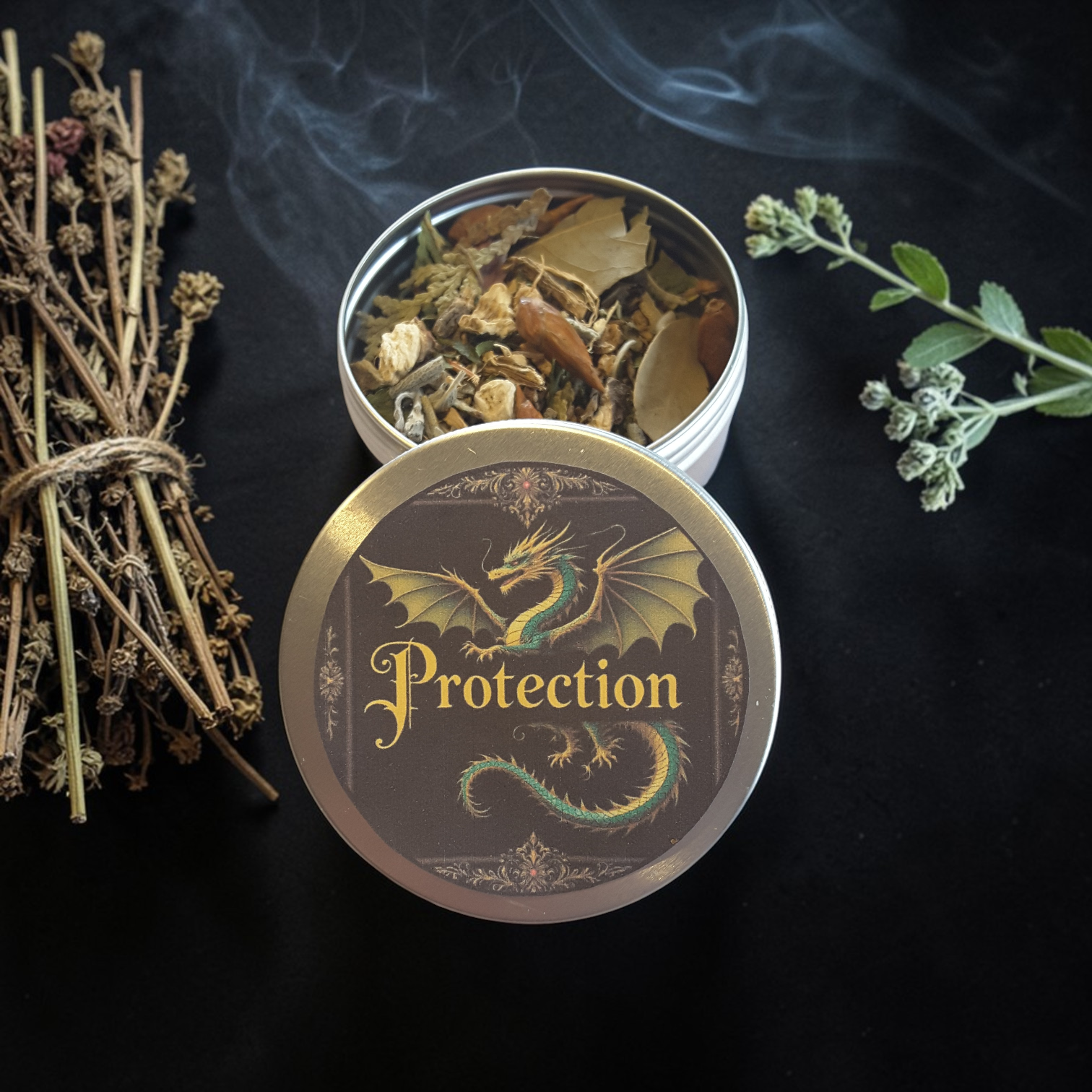 Protection loose incense blend with herbs and smoke on a dark background