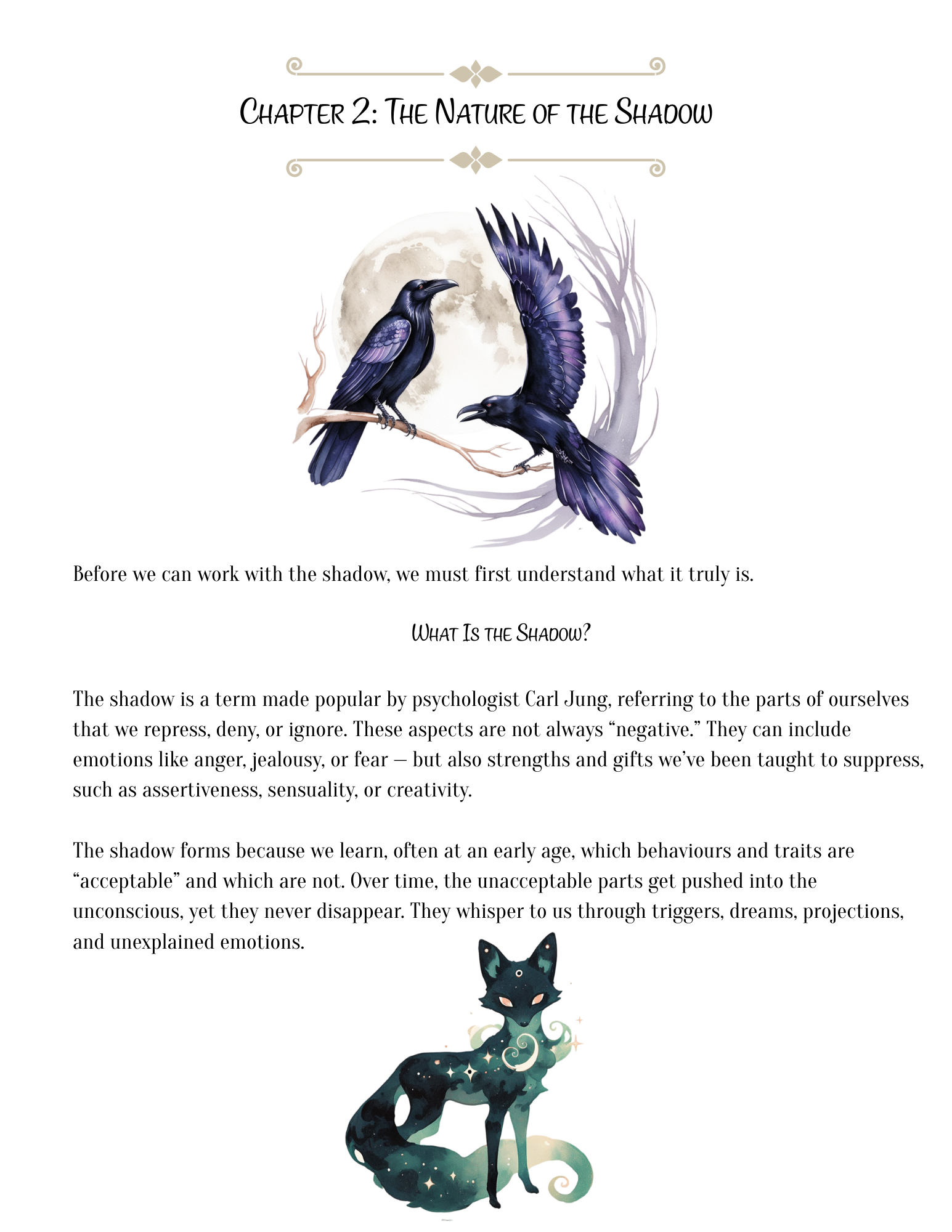 Page from a book titled 'The Witch's Shadow Work Journal: Samhain Edition' with illustrations of birds and a fox on a white background.