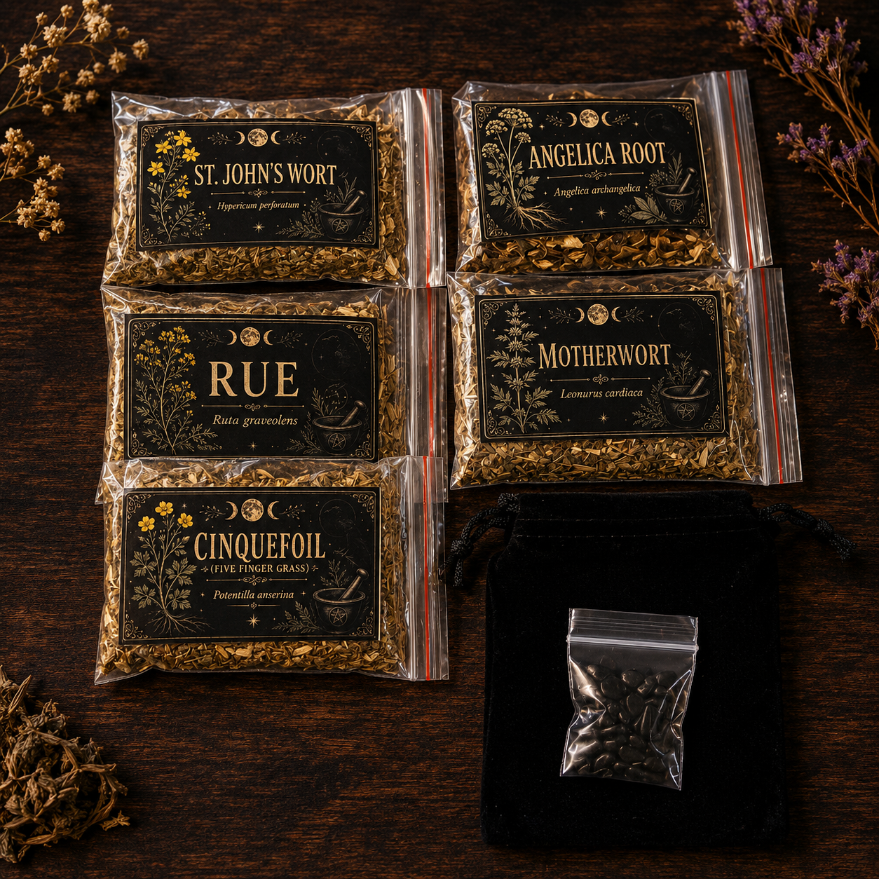 Five herb bags with black labels for a Samhain ancestor remembrance pouch are arranged on a dark wooden surface, alongside a small black velvet pouch containing a clear bag of black tourmaline chips