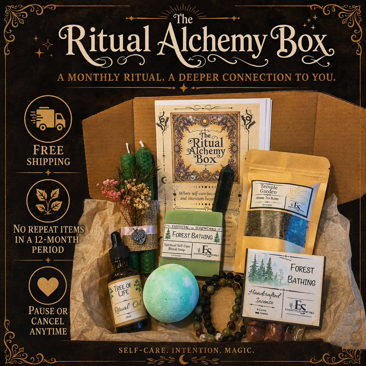 The Ritual Alchemy Box monthly ritual kit displayed inside its cardboard box on a dark brown background with decorative text. The kit includes a bath bomb, candle, journal, crystals, herbs, and a bottle of oil.