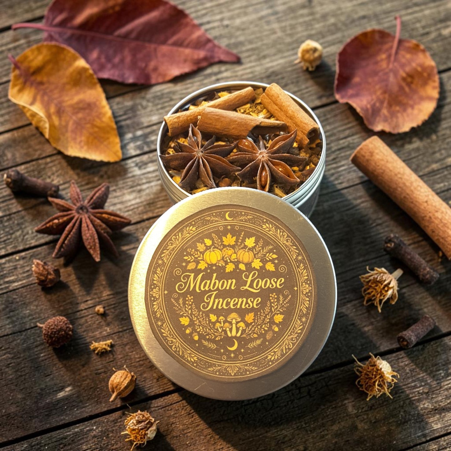 An open round metal tin filled with loose incense and star anise sits on a rustic wooden surface, with the matching lid placed in front. The lid label reads "Mabon Loose Incense" with a small moon and floral emblem.