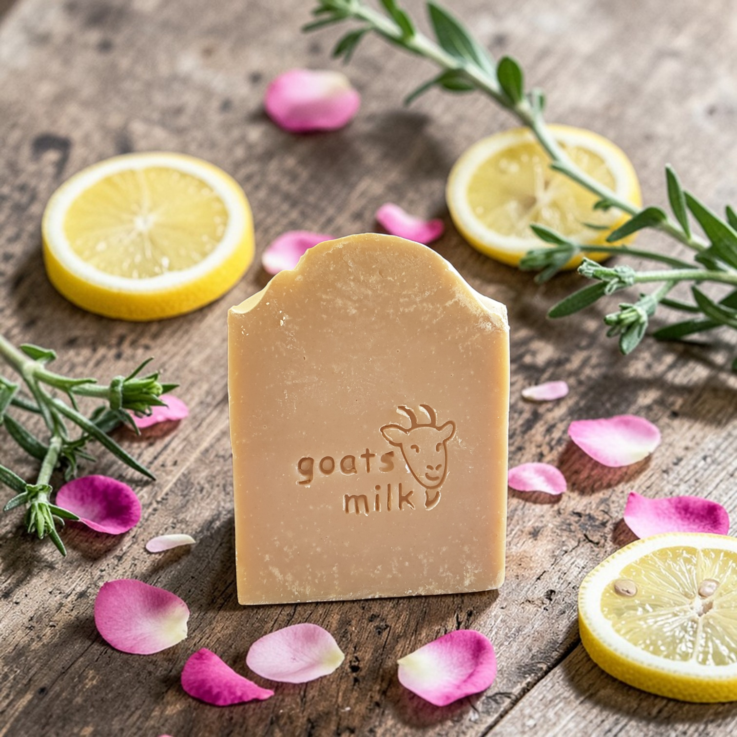 Goat milk soap bar on a wooden surface with lemon slices and pink petals.