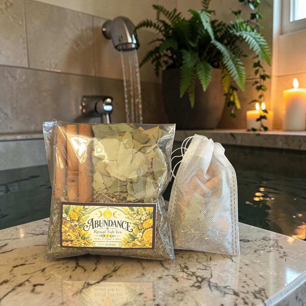 abundance tub tea on the edge of a bathtub with candles and plants in the background