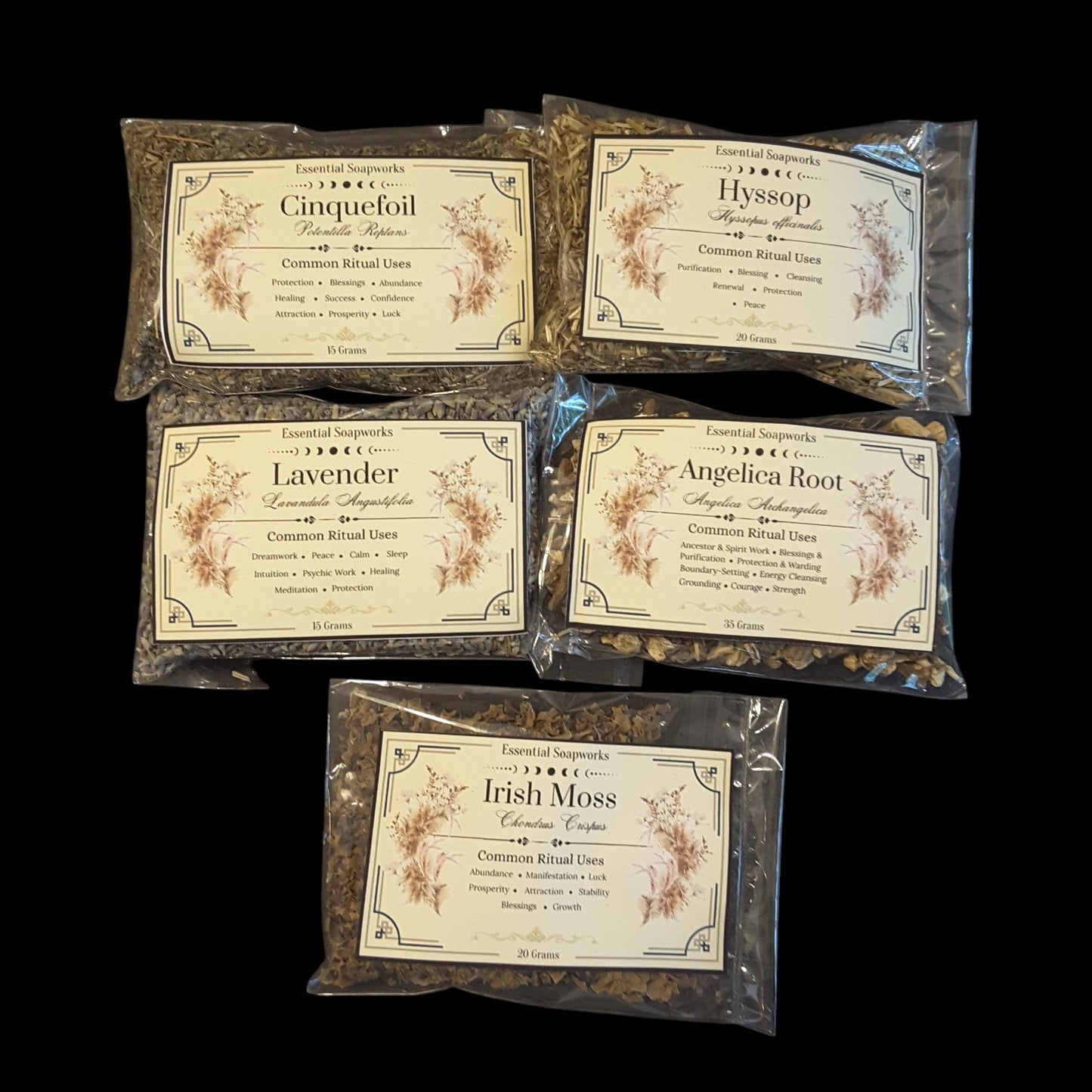 Five clear plastic bags of blessings herbs for witchcraft arranged on a black background. The labels read Cinquefoil, Hyssop, Lavender, Angelica Root, and Irish Moss, with botanical illustrations on the cream-colored labels.
