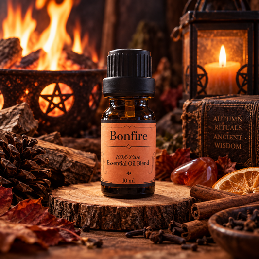 Bonfire witchy diffuser blend on a wooden surface with fire and candles