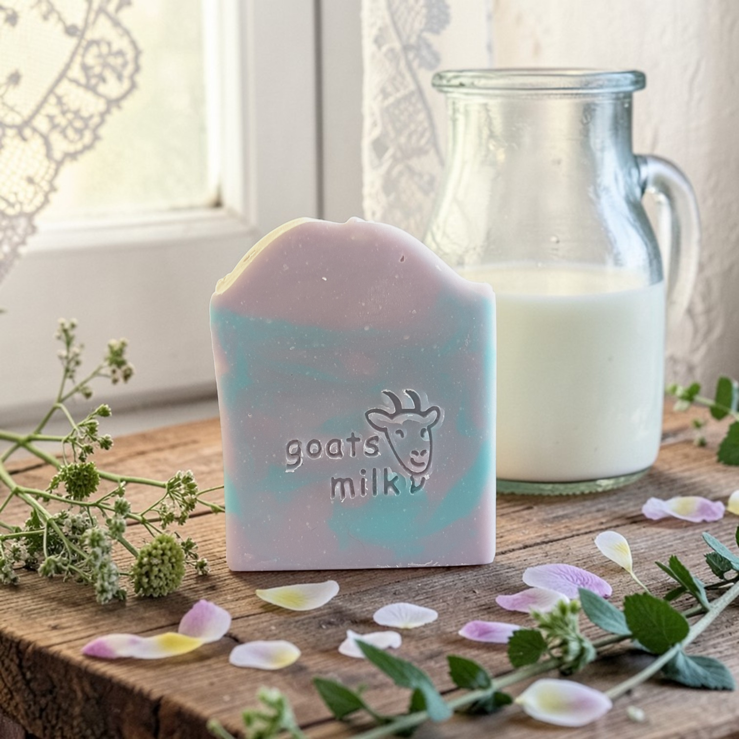 Natural goat milk soap bars next to a glass container of milk on a wooden surface with flowers and petals.