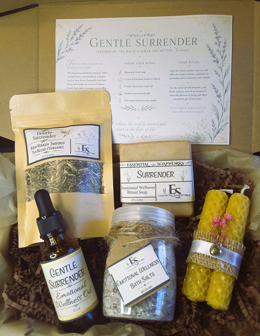 Gentle Surrender Emotional Balance Ritual Kit with tea blend, bath salts, candle, soap and essential oil