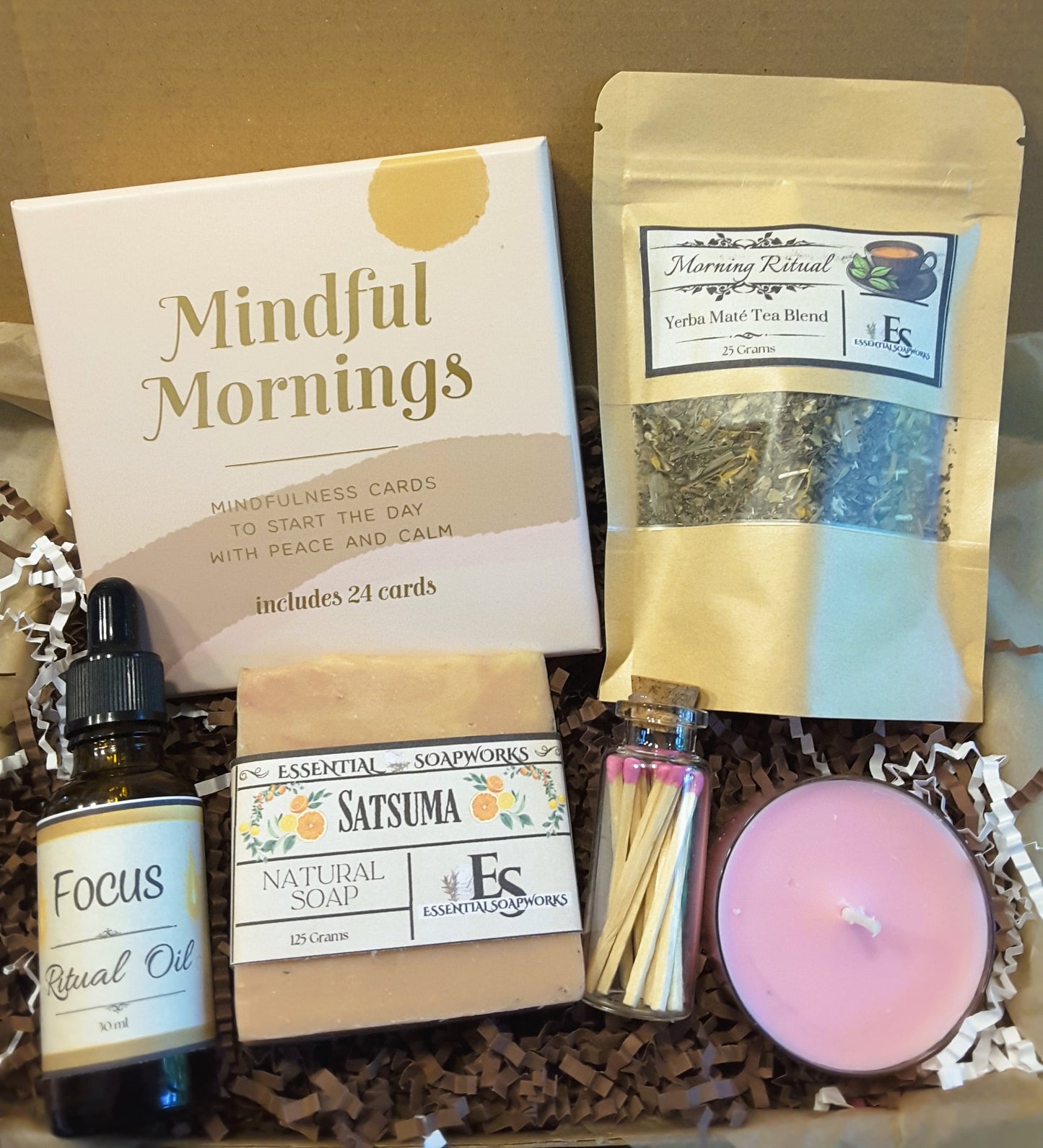 Morning Routine Ritual Kit featuring mindful mornings cards, loose leaf tea, soap, ritual oil and candle