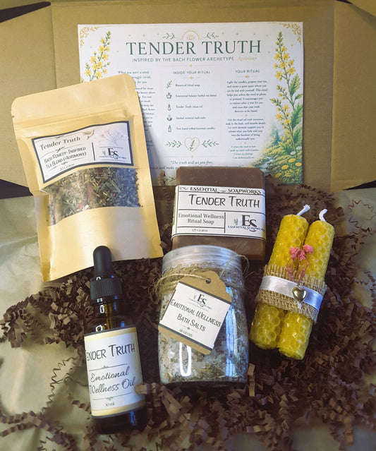 Tender Truth Emotional Balance Ritual Kit with soap, tea blend, essential oil, bath salts and candles in a box