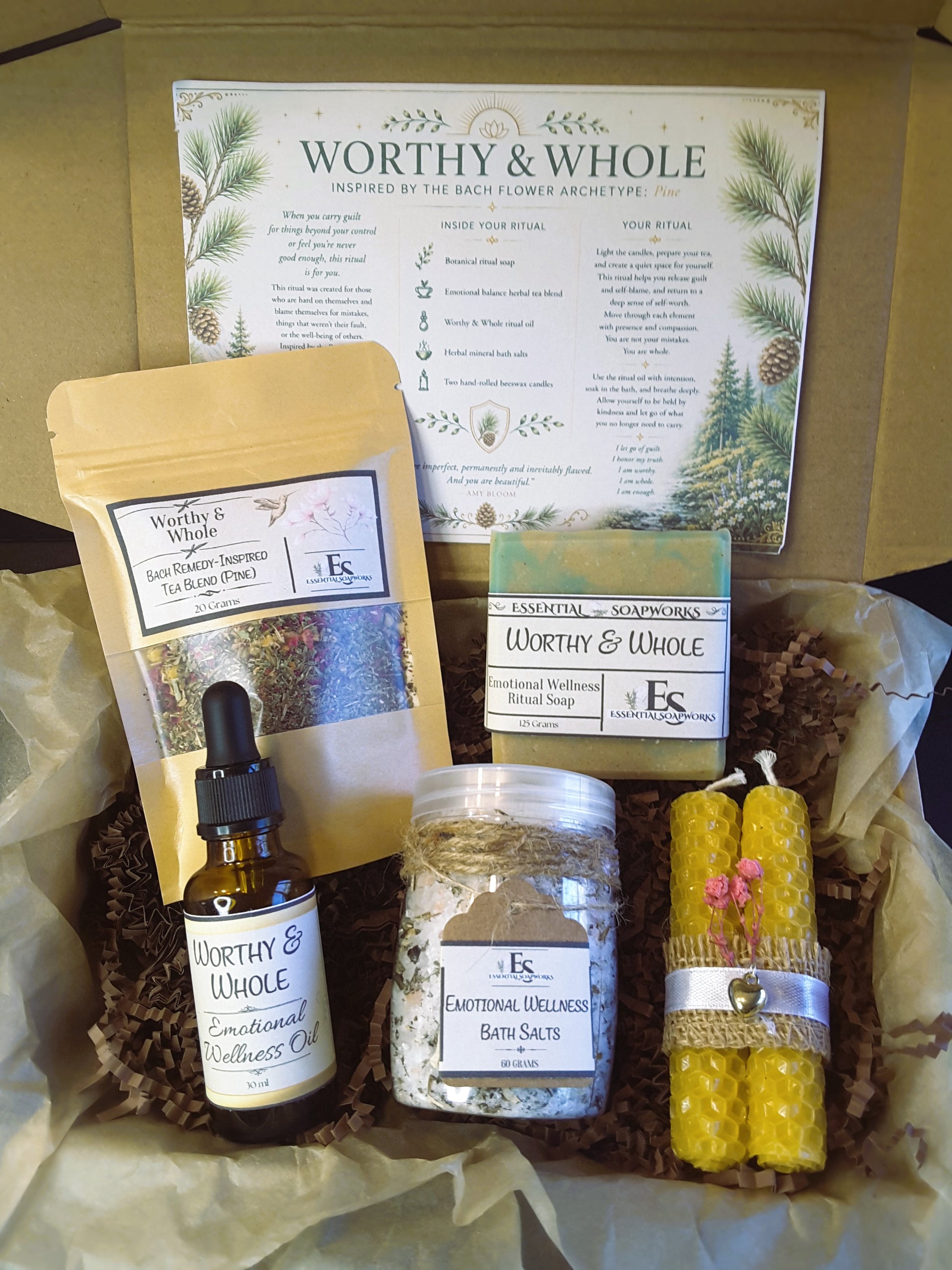 Worthy & Whole Emotional Balance Ritual Kit with tea, essential oil blend, soap, bath salts and candles in a box