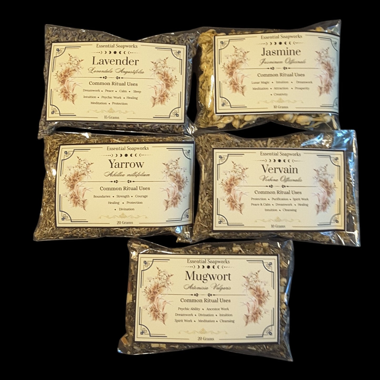 Five clear plastic bags of witchy herbs for divination arranged in a grid on a black background. The bags contain dried herbs and feature cream labels with brown text and illustrations.