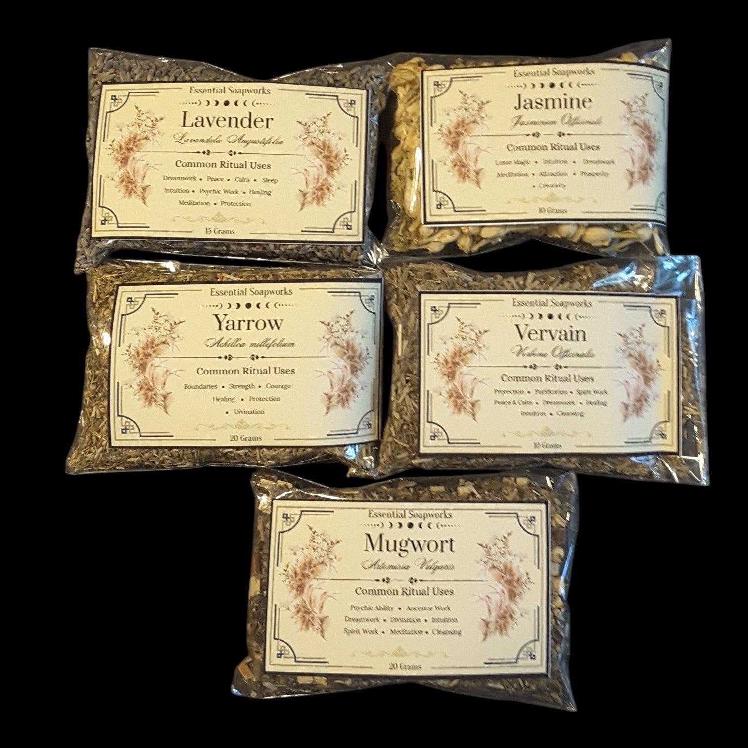 Five clear plastic bags of witchy herbs for divination arranged in a grid on a black background. The bags contain dried herbs and feature cream labels with brown text and illustrations.