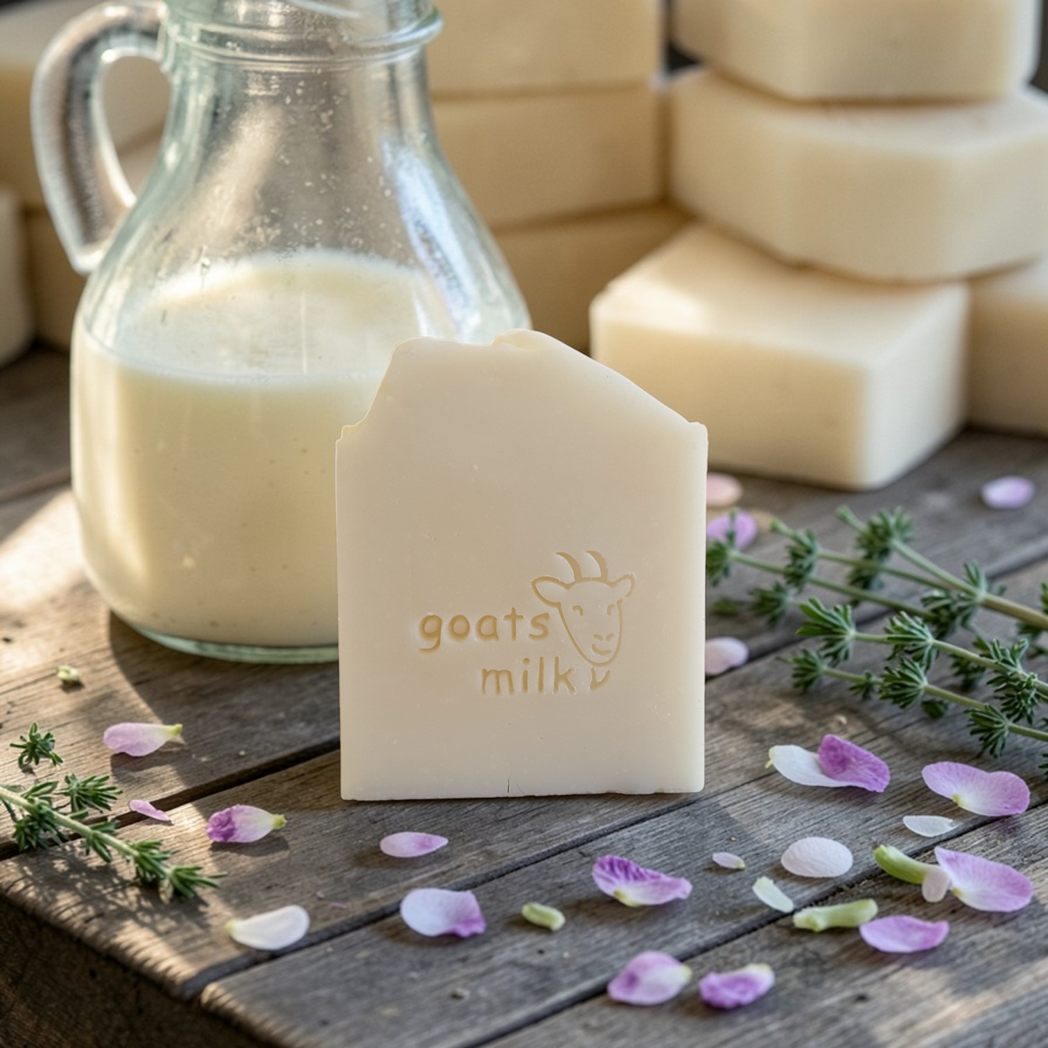 Unscented natural goat's milk soap bars next to a glass jar of milk on a wooden surface with flowers and petals.