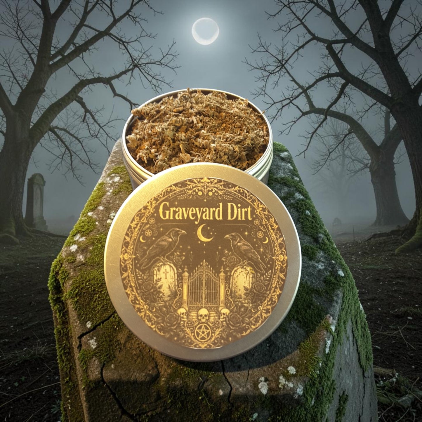 An open round metal tin filled with graveyard dirt sits on a mossy gravestone, with the lid placed in front. The lid is printed with a gold occult-style design and the words 'Graveyard Dirt'