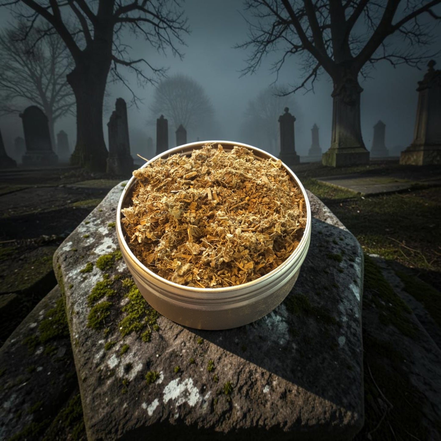 A small round white container filled with graveyard dirt sits on a mossy stone in a foggy graveyard with bare trees and tombstones in the background.