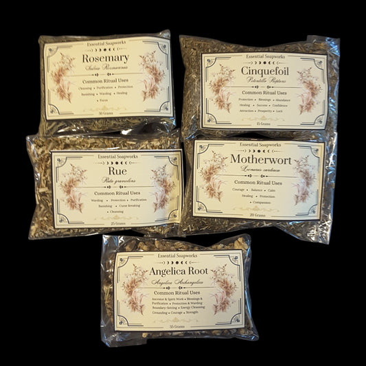 Five clear plastic bags of witchy herbs for protection arranged on a black background. The bags contain loose dried herbs and feature vintage-style cream labels with floral illustrations and text including Rosemary, Cinquefoil, Rue, Motherwort, and Angelica Root.