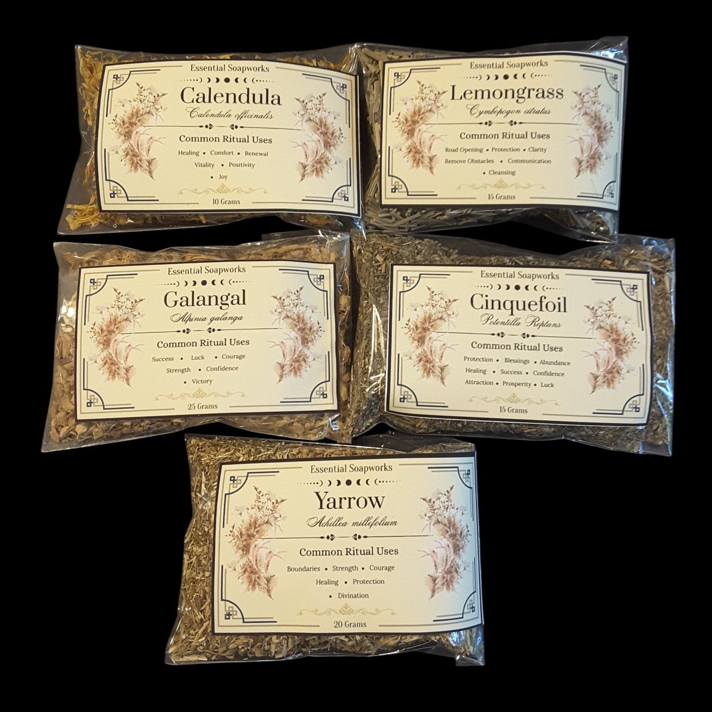 Five clear plastic bags of herbs for success and personal power arranged on a black background, each with a cream label showing the product name and botanical details.