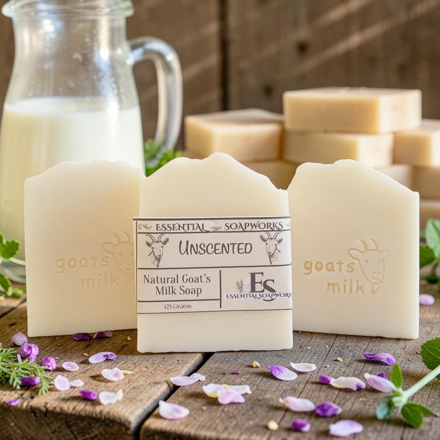 Unscented natural goat's milk soap bars with a label on a wooden surface, surrounded by flowers and a glass container of milk.