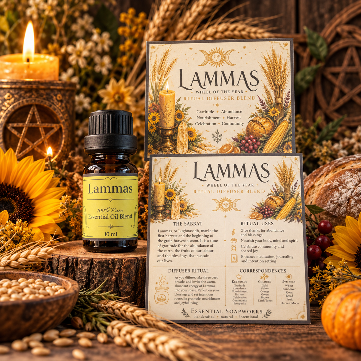A small amber glass essential oil bottle labeled Lammas Wheel of the Year Ritual Diffuser Blend stands beside two matching printed cards with illustrated packaging, arranged on a rustic wood stump with candles, sunflowers, grains, and autumn decor in the background.