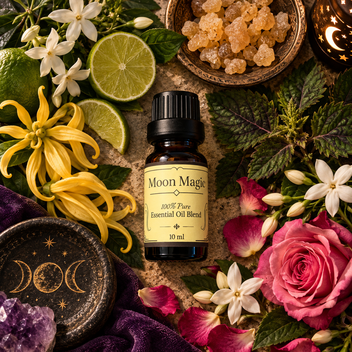 Moon Magic witchy diffuser blend on a sandy surface surrounded by lime slices, ylang ylang flowers, roses and frankincense resin