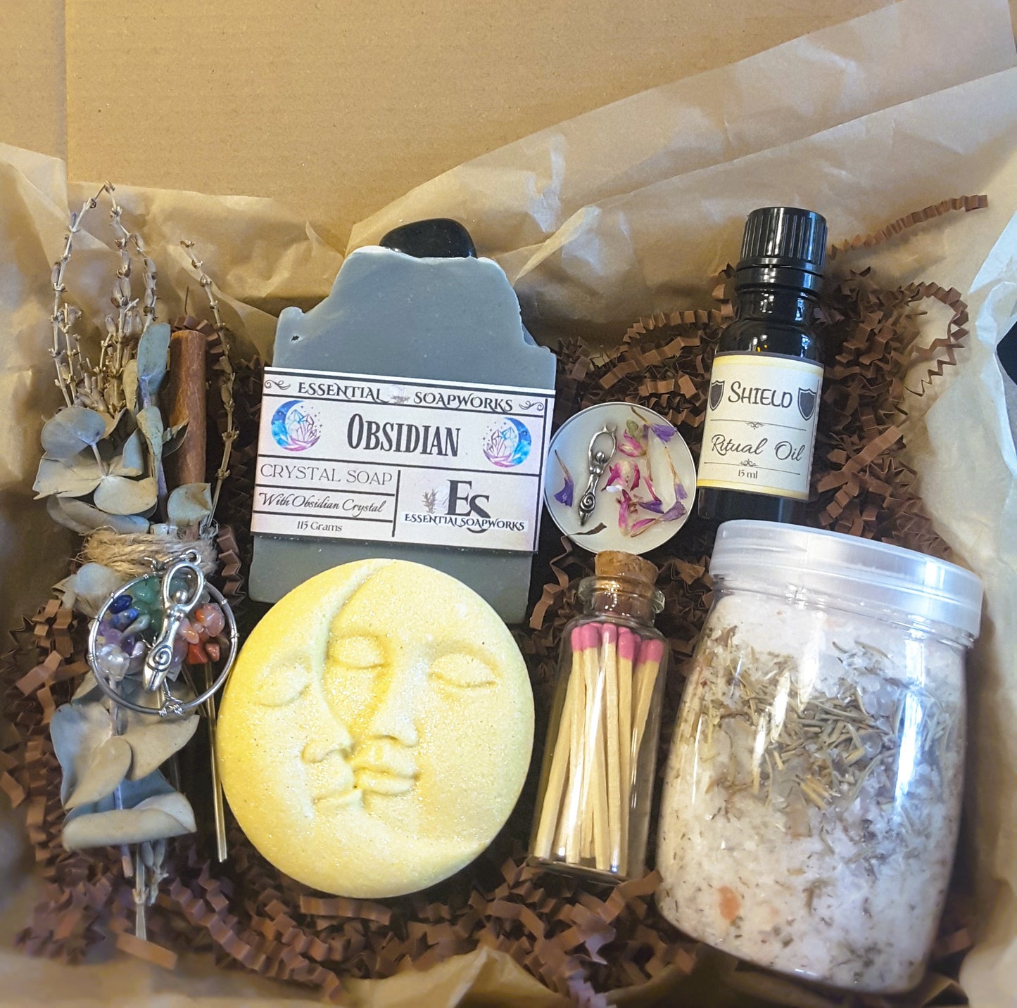 Obsidian Crystal Ritual Kit with bath salts, crystal topped soap, ritual oil, candle and smoke cleansing bundle
