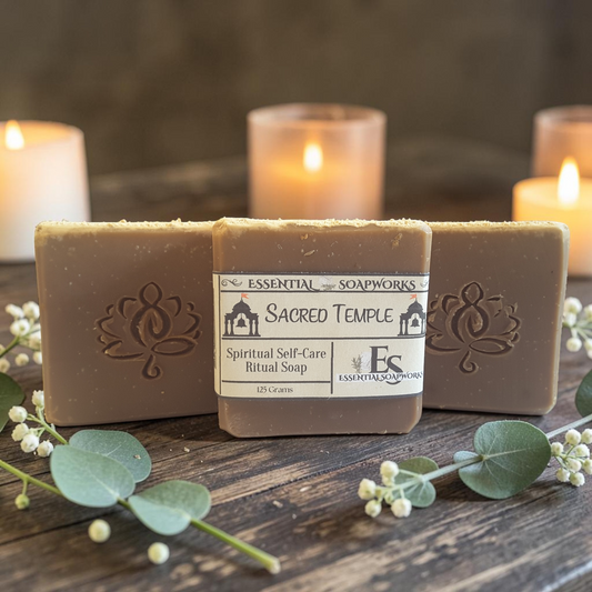 three bars of sacred temple soap on a dark wooden surface with candles in the background