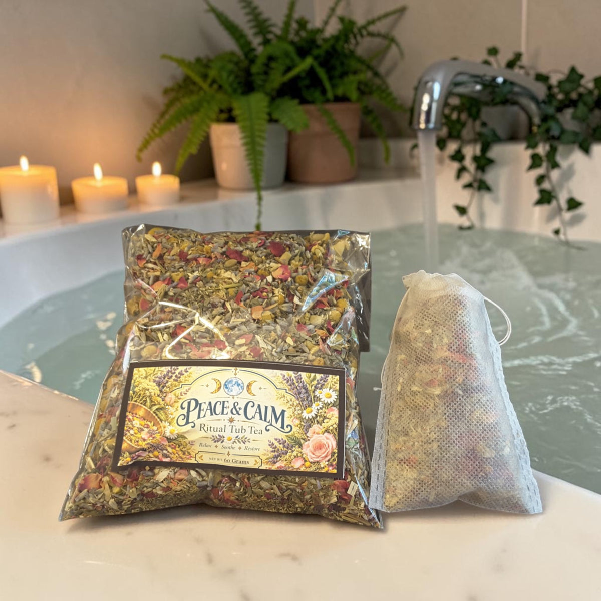 peace and calm herbal tub tea on the edge of a bathtub with candles and plants in the background