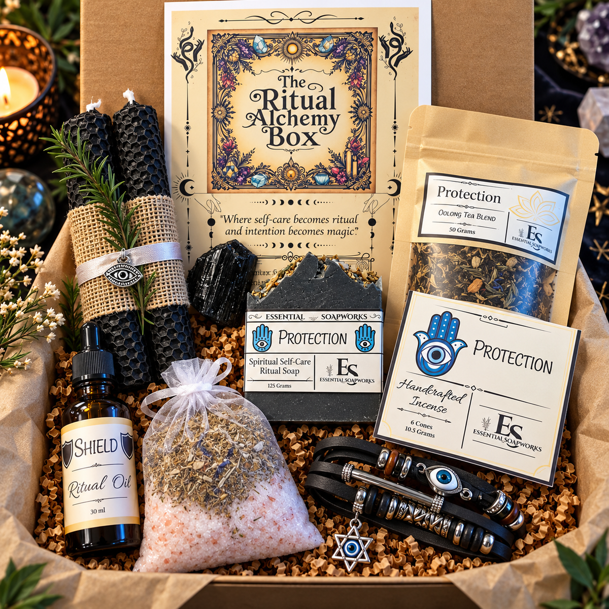 protection ritual alchemy witchy subscription kit featuring ritual guide, botanical soap,  loose leaf tea, ritual oil, incense, candles, crystals and jewelry
